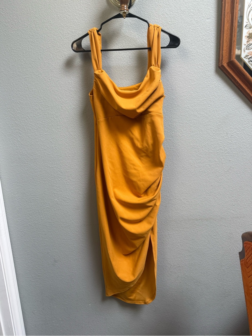 ASOS Mustard Draped Midi Dress with Cowl Neck